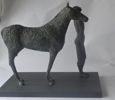 Walking Man and Horse by Janis Ridley, Sculpture, Bronze